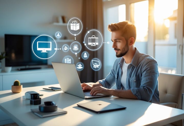 An entrepreneur at a laptop, surrounded by floating icons representing Amazon, dropshipping, digital products, and print-on-demand