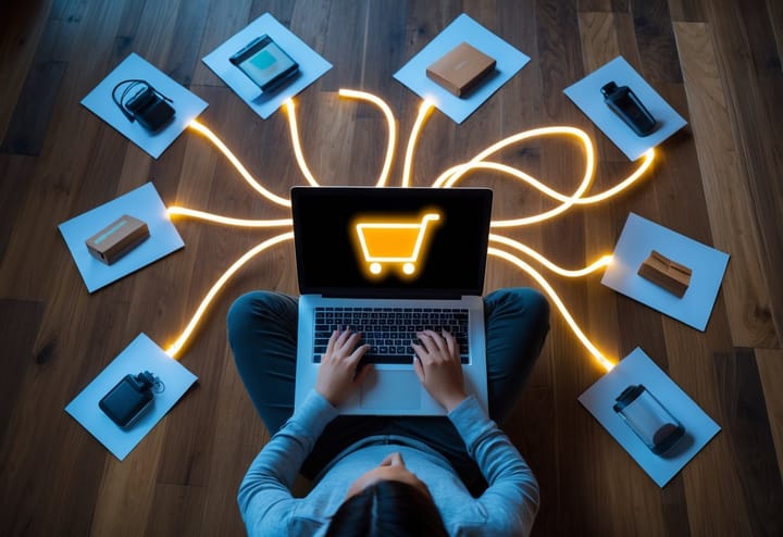 A person using a laptop with product images scattered around them on a wooden floor—each connected by light trails leading to a glowing Amazon shopping cart icon in the center
