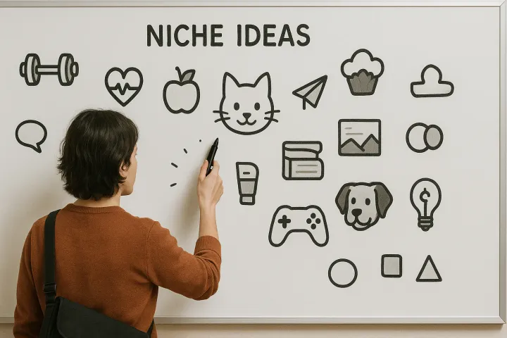 A digital artist stands in front of a large whiteboard filled with doodles representing various niche ideas
