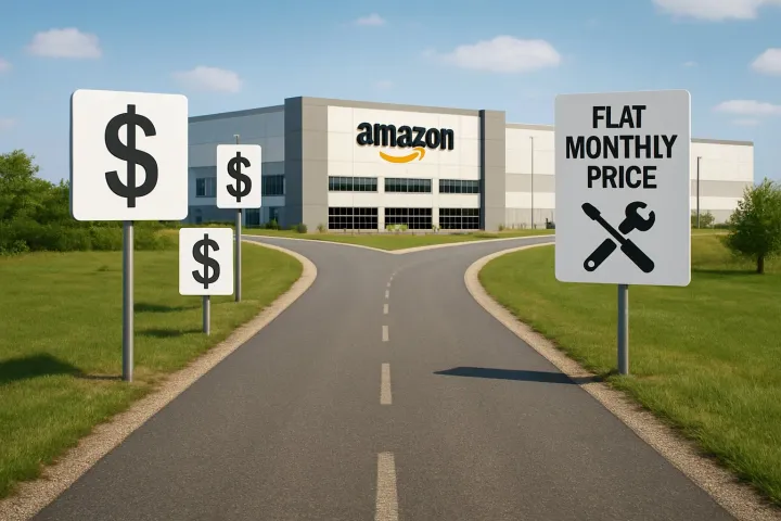 A fork in the road, one path labeled with dollar signs per item, the other with a flat monthly price and a toolkit. 