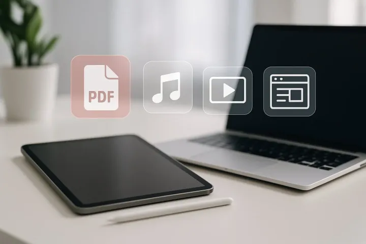 A minimalist workspace setup with a digital tablet, open laptop, and stylized overlays of digital product icons