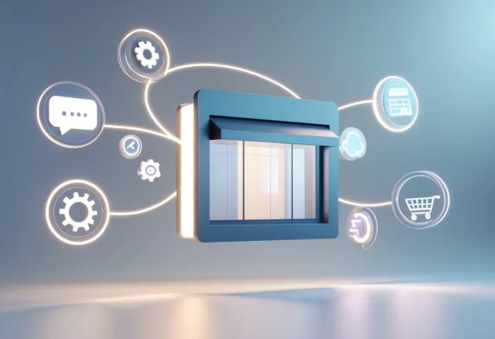 A sleek digital storefront floats in the center while translucent AI tool icons orbit around it.