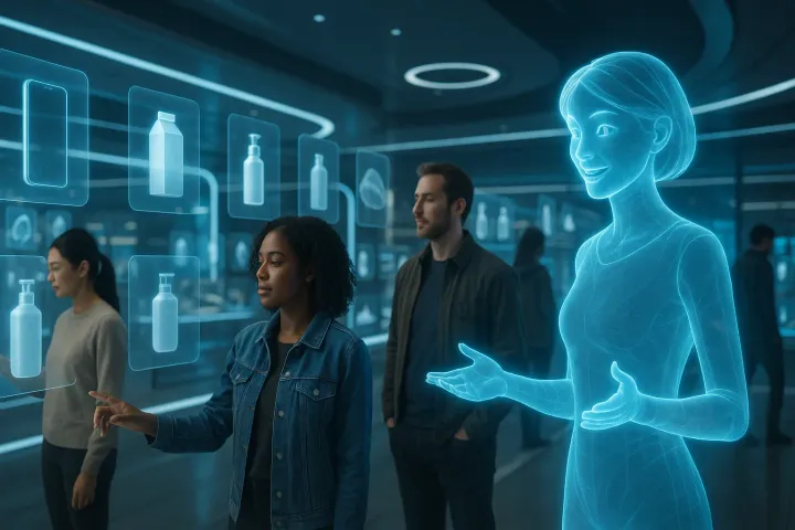 Futuristic virtual store with floating product displays and a friendly holographic AI chatbot assisting customers with gestures.