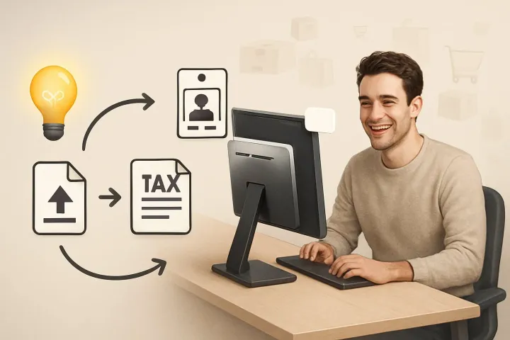 Illustrated path of a seller’s journey from idea to success, with icons for document upload, ID check, tax form, and a final notification pop-up near parcels and shopping symbols.